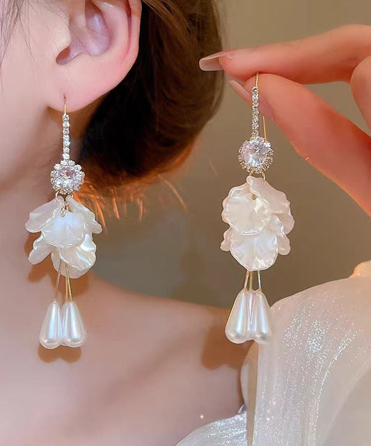 White Copper Acrylic Zircon Pearl Shell Tassel Drop Earrings