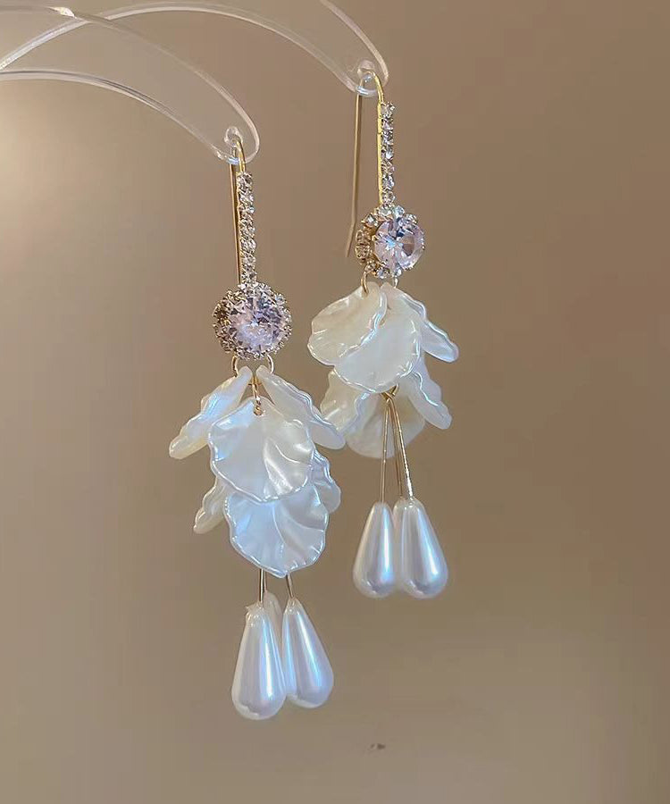 White Copper Acrylic Zircon Pearl Shell Tassel Drop Earrings