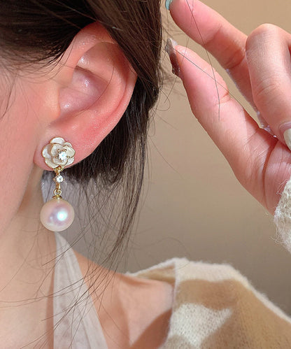 White Copper Alloy Pearl Camellia Drop Earrings