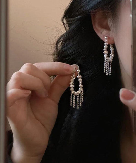 White Copper Silver Plating Pearl Tassel Drop Earrings