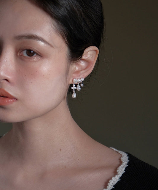 White Copper Zircon Pearl Tassel Drop Earrings