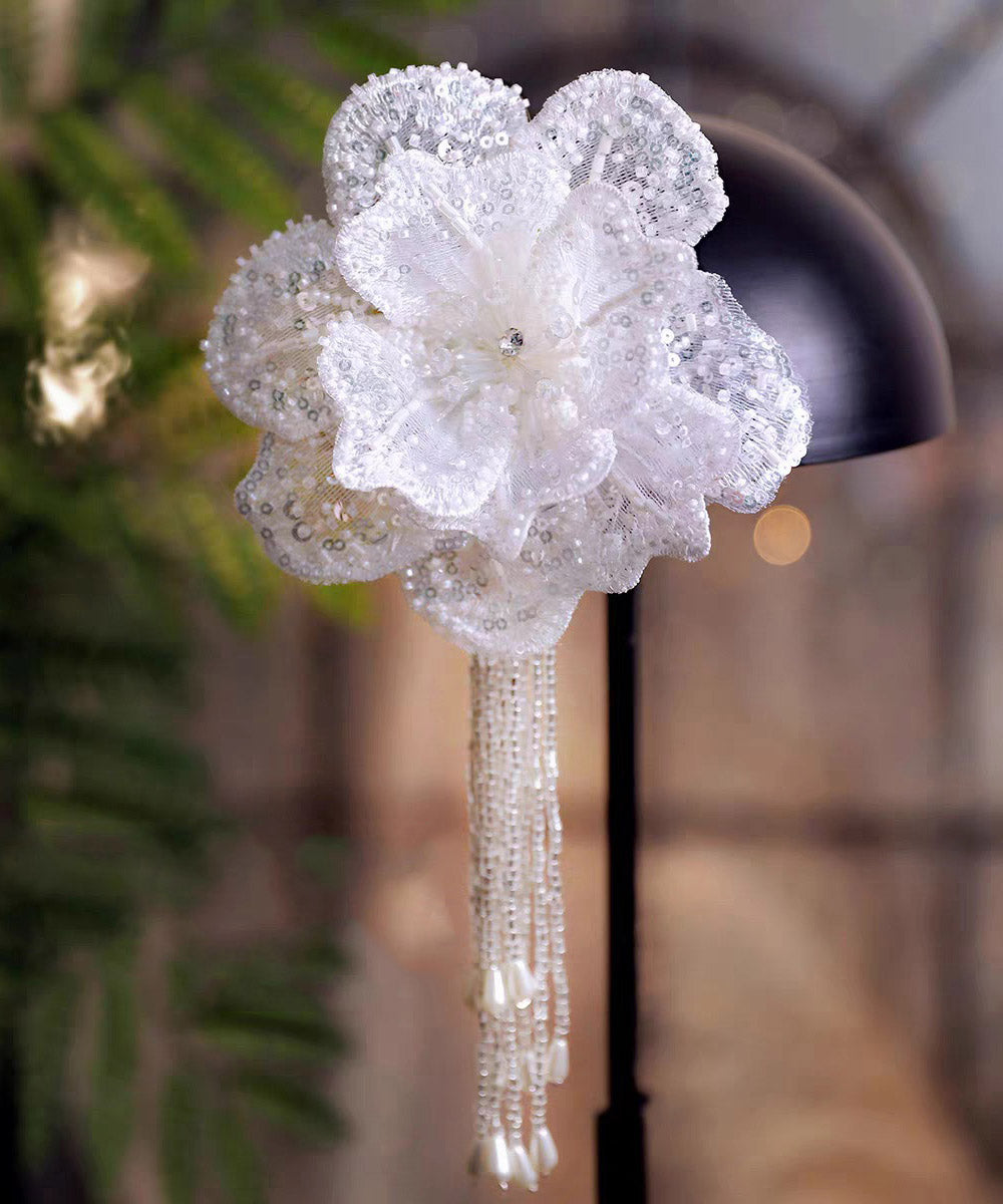 White Lace Double-layer Sequins Tassel Single Hairpin