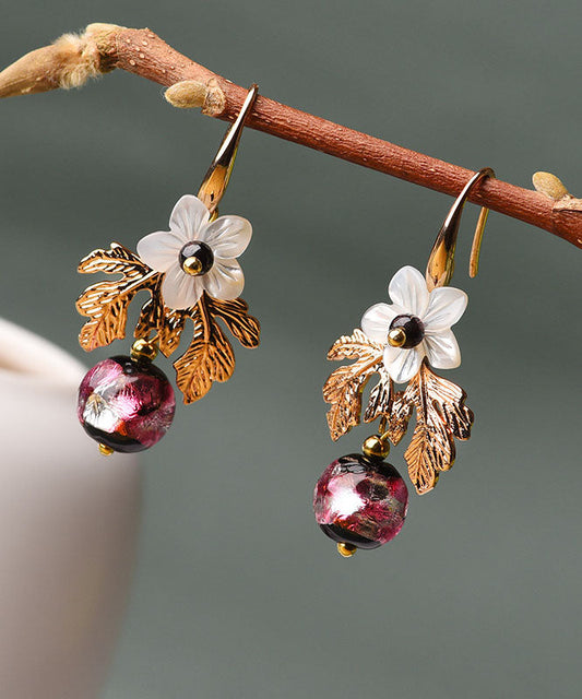 White Shell Flower Red Coloured Glaze Metal Drop Earrings