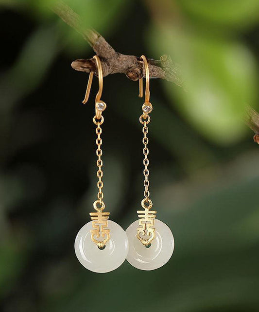 White Sterling Silver Ancient Gold Jade Zircon Ping Buckle Drop Earrings