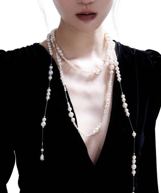 White Sterling Silver Crystal Pearl Starry Sky Gratuated Bead Necklace Qj013