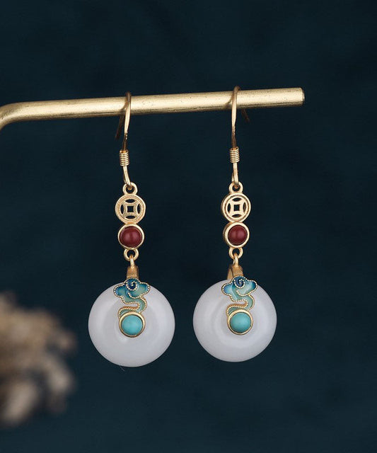 White Sterling Silver Overgild Inlaid Jade Xiang Yun Drop Earrings