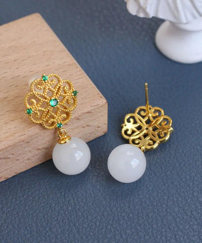 Sterling Silver Overgild Jade Clover Hollow Out Drop Earrings