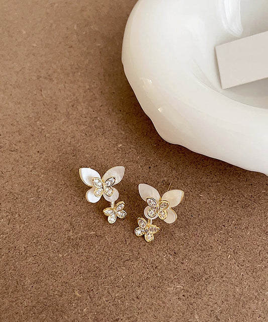 White Sterling Silver Overgild Zircon Butterfly Stud Earrings