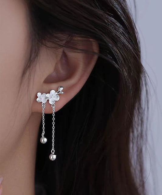 White Sterling Silver Plum Blossom Tassel Drop Earrings