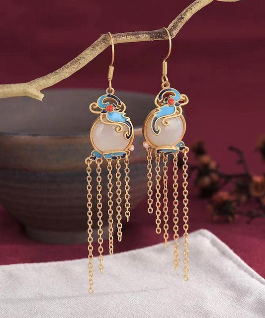 Yellow Jade Cloisonne Gem Stone Butterfly Tassel Drop Earrings