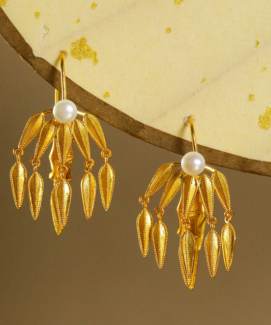 Yellow Silver Gold Plated Bambll Leaf Drop Earrings