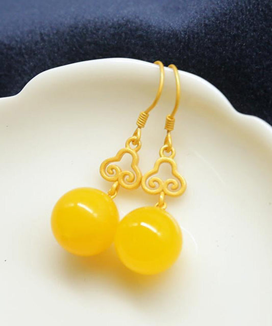 Yellow Silver Inlaid Beeswax Ball Drop Earrings