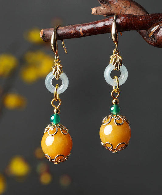 Yellow Sterling Silver Overgild Jade Drop Earrings