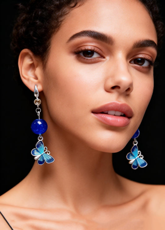 Style Blue Butterfly Long Tasseled Drop Earrings