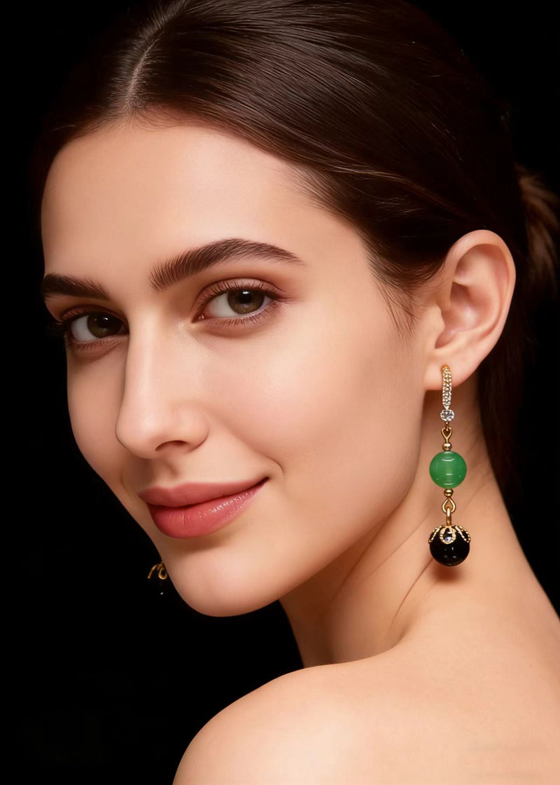 Black Agate Tassels Jade Drop Earrings