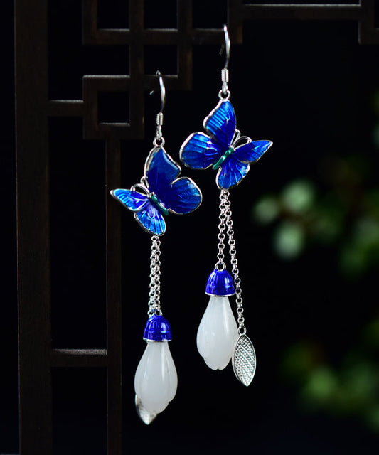 Blue Paitings Silver Gem Stone Drop Earrings