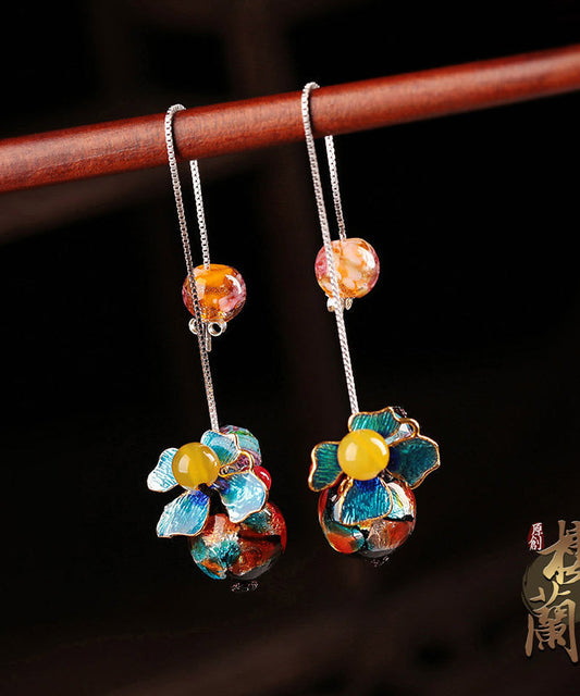 Blue Sterlin Silver Cloisonne Coloured Glaze Yellow Agate Drop Earrings