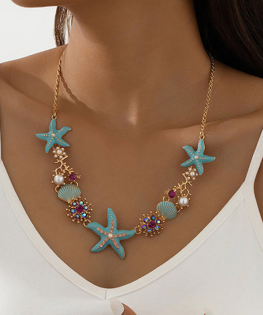 Blue Sterling Silver Overgild Enamel Zircon Shell Pearl Pendant Necklace Qu026