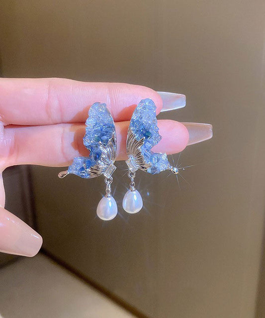Blue Sterling Silver Zircon Pearl Crystal Butterfly Water Droplet Drop Earrings