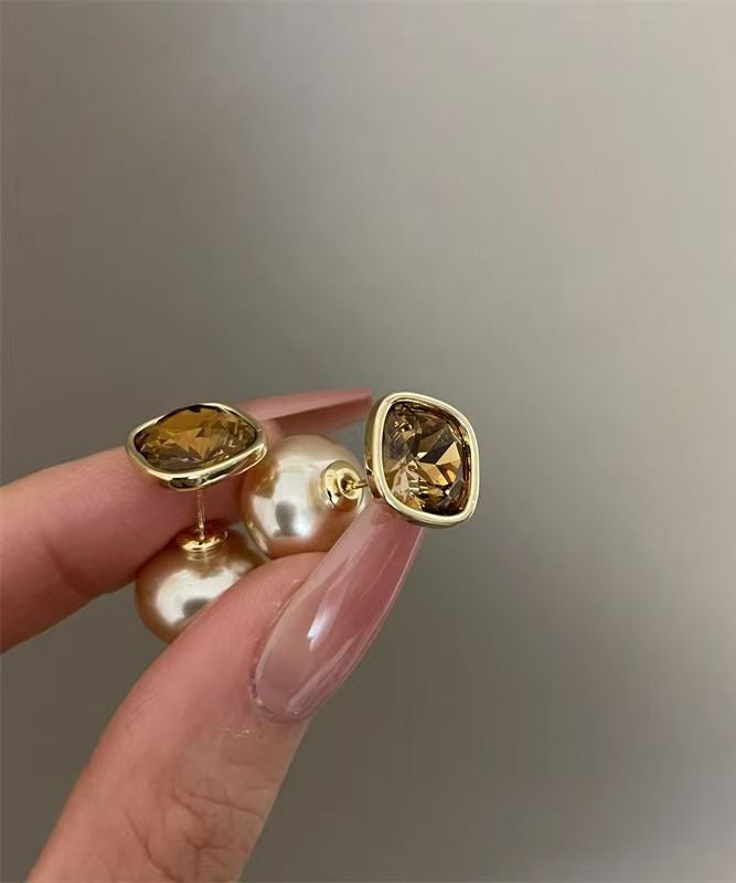 Champagne Copper Overgild Pearl Two Ways of Wearing It Stud Earrings