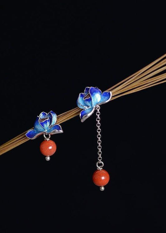 Cloisonne Lotus Tassel Agate Asymmetrical Design Drop Earrings