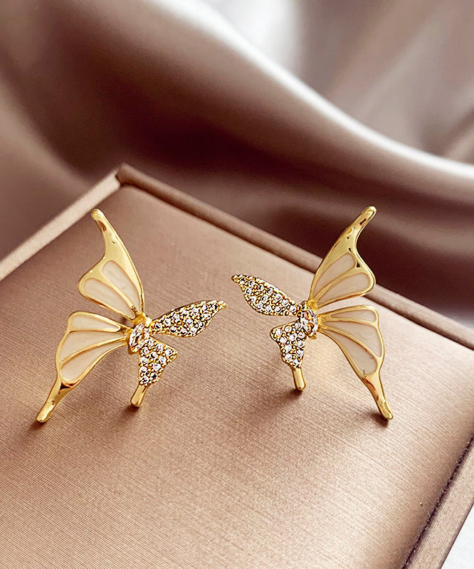 Gold Copper Alloy Zircon Butterfly Stud Earrings