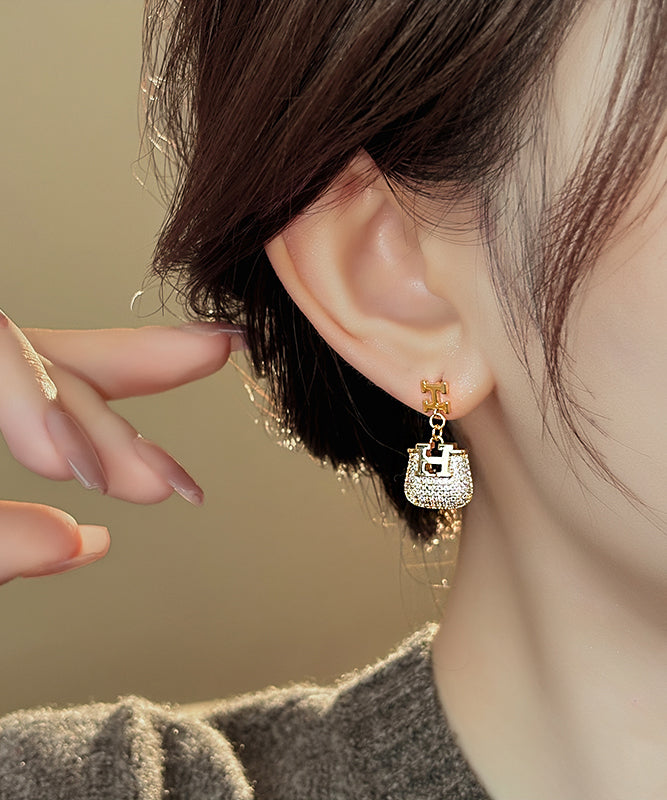 Gold Copper Alloy Zircon Graphic Bag Drop Earrings