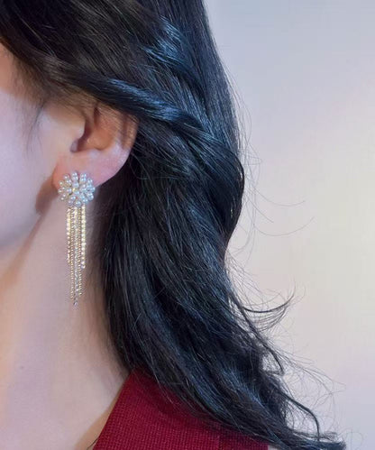 Gold Copper Alloy Zircon Pearl Tassel Drop Earrings
