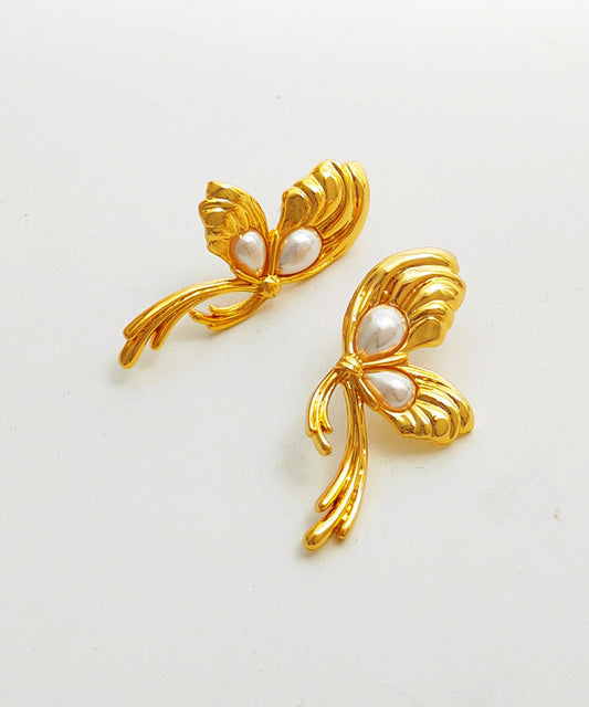 Gold Copper Overgild Pearl Bow Stud Earrings