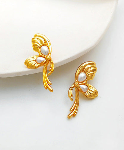 Gold Copper Overgild Pearl Bow Stud Earrings