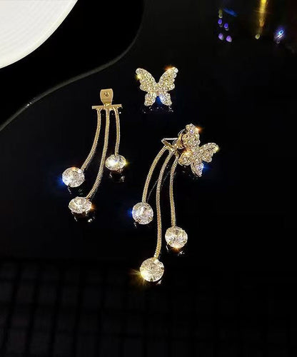 Gold Copper Overgild Zircon Butterfly Tassel Drop Earrings