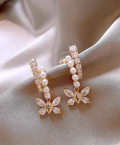 Gold Copper Overgild Zircon Pearl Butterfly Hoop Earrings
