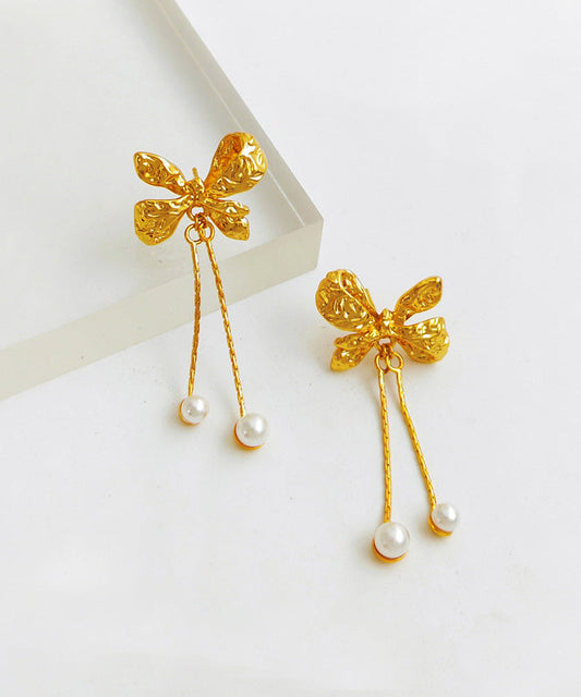 Gold Copper Pearl Bow Tassel Drop Earrings