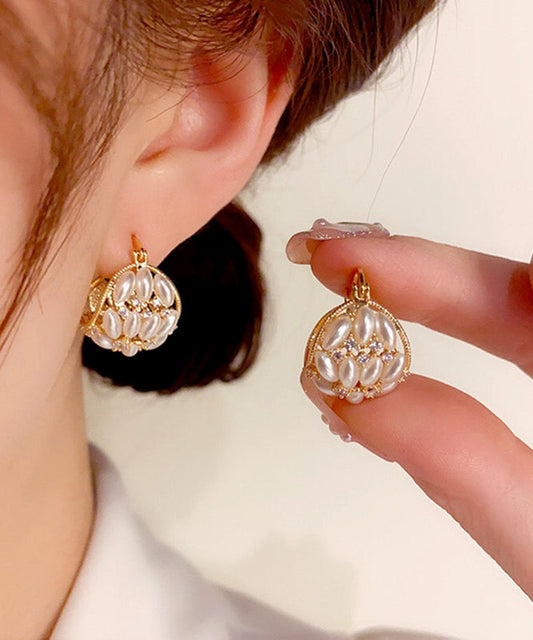 Gold Copper Zircon Pearl Flower Basket Hoop Earrings