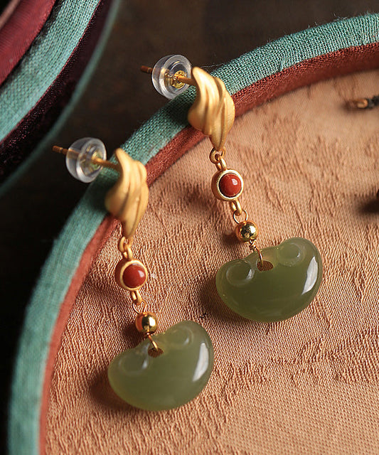 Gold Silver Inlaid Jade Agate Drop Earrings