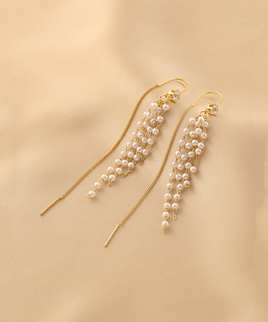 Gold Sterling Silver Alloy Pearl Tassel Drop Earrings