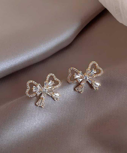 Gold Sterling Silver Alloy Zircon Bow Stud Earrings Kx1001