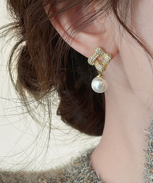 Gold Sterling Silver Alloy Zircon Pearl Square Drop Earrings