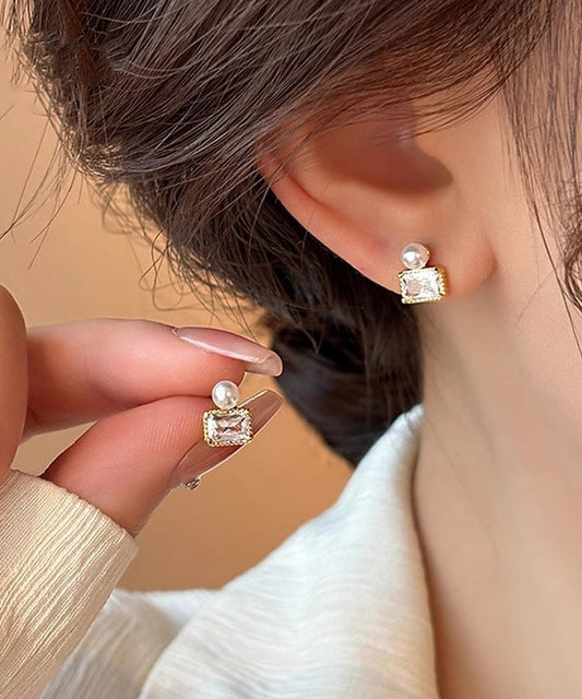 Gold Sterling Silver Overgild Pearl Stud Earrings