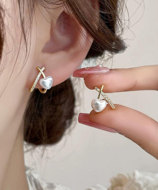 Gold Sterling Silver Overgild Zircon Pearl Stud Earrings