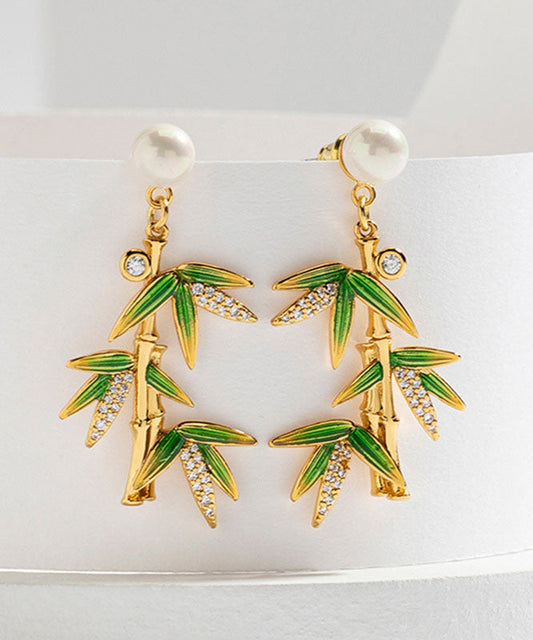 Green Overgild Zircon Pearl Bamboo Drop Earrings
