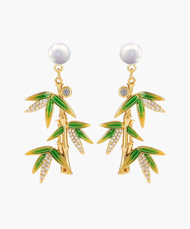 Green Overgild Zircon Pearl Bamboo Drop Earrings Tw1016