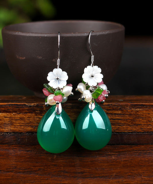 Green Silver Inlaid Shell Flower Chalcedony Pearl Drop Earrings