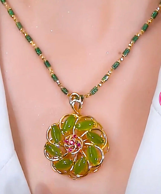 Green Sterling Silver Overgild Inlaid Pendant Necklace Ya049