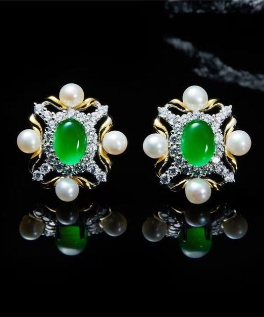 Green Sterling Silver Overgild Zircon Jade Pearl Stud Earrings