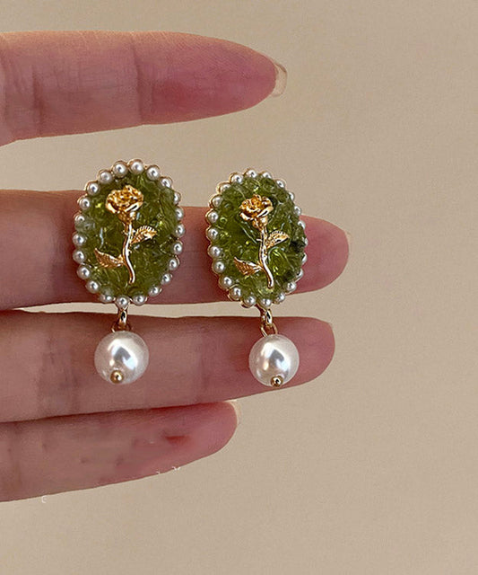 Green Sterling Silver Rose Pearl Drop Earrings