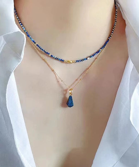 Klein Blue Sterling Silver Overgild Bluestone Beading Two Piece Set Pendant Necklace Po045