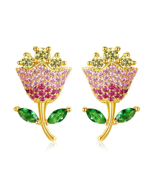 Multi Color Rose Zircon Copper Stud Earrings