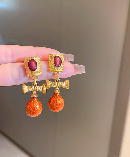 Orange Alloy Inlaid Gem Stone Drop Earrings