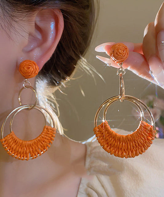 Orange Sterling Silver Alloy Straw Plaited Article Drop Earrings